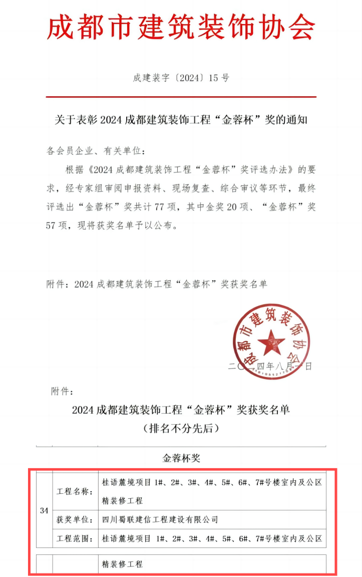 喜报｜蜀联建信荣获2024年度成都市建筑装饰协会 “金蓉杯”奖！